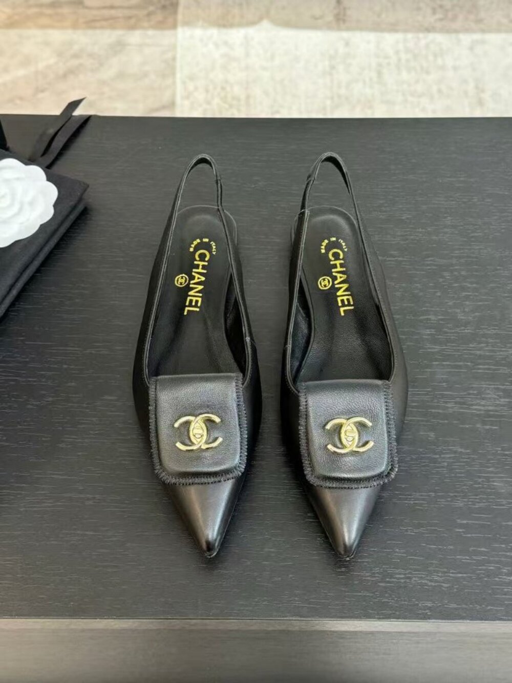 Chanel double-C metal buckle pointed toe open-back slingback flats (black)